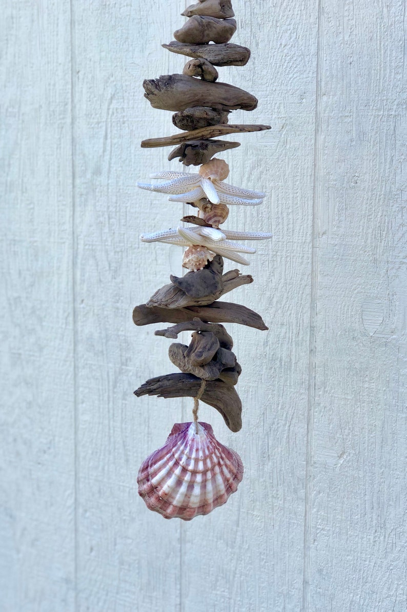 Seashell Wind Chimes, Beach Decor, Beach Wall Art, Coastal Decor, Driftwood Garland, Seashell Garland, Hanging Shells, Shell Wind Chime image 2