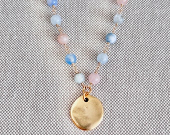 Women’s Beaded Necklace, Gold Pendant Necklace, Pink and Blue Beaded Necklace, Fashion Jewelry, Gemstone Fashion Necklace, Women’s Jewelry