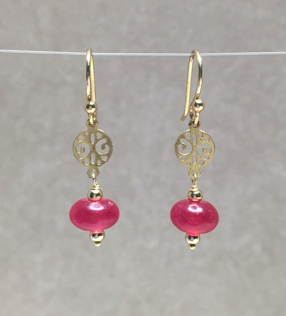 Items similar to Simple Classy Red Jade Dangle Drop Gold Earrings, Gemstone Earrings, Classy