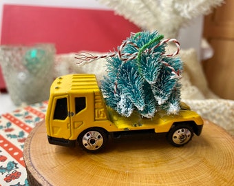 Upcycled Tiny Construction Truck Christmas Tree Ornament, Retro Christmas Tree Decoration Decor, Vintage Toy Truck Ornament w mini trees