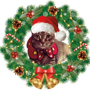 CHRISTMAS Cat Animal Holiday WREATH PNG - Digital Printable Festive Brown Tabby Cat Wreath Art
