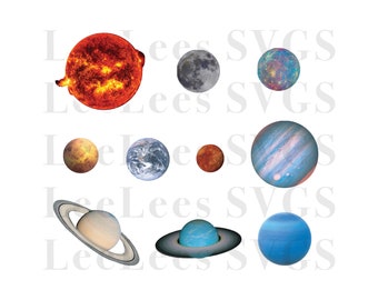 May include: A collection of planets and stars, including the sun, moon, and planets like Jupiter, Saturn, and Neptune. The planets are depicted in a realistic style with detailed textures and colors.