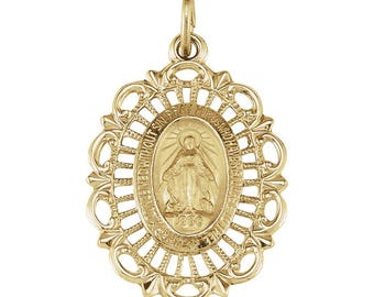 14K 22x16 mm Oval Filigree Miraculous Medal
