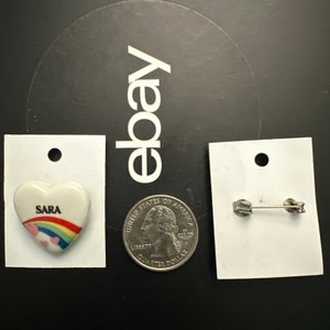 Vintage Rainbow Heart Name Pin SARA Pinback for Jackets, Hats, Backpacks Gen X 1980s NOS Jewelry *More Names Available*