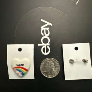 Vintage Rainbow Heart Name Pin SARAH Pinback for Jackets, Hats, Backpacks Gen X 1980s NOS Jewelry *More Names Available*