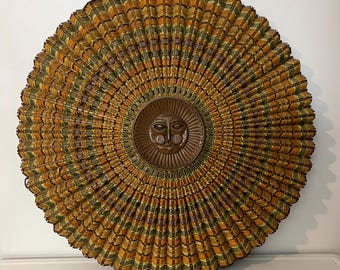 Maria Kipp woven textile sunface wall hanging sculpture 1960s mid century modern