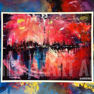 May include: Abstract painting with a vibrant mix of red, pink, and yellow hues, contrasted by dark black and blue areas. The artwork features textured brushstrokes and a dynamic composition. The artist's signature is visible at the bottom right.
