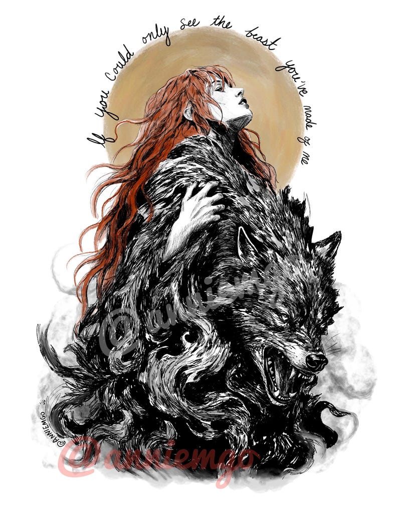 Puede incluir: Ilustraci&oacute;n de una mujer con largo cabello rojo, mirando hacia arriba, con un lobo. El lobo es blanco y negro, con la boca abierta. El texto dice: "Si pudieras ver la bestia que has hecho de m&iacute;."