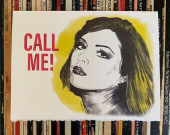 May include: A watercolor illustration of a woman with short, green hair. The background is yellow and the woman is looking up. The text "CALL ME!" is written in red letters at the top of the image.