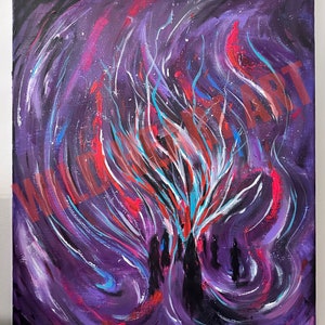 May include: Abstract painting with a purple background and white, red, and blue brushstrokes. The brushstrokes create a swirling, dynamic effect, resembling flames or a burst of energy. Silhouettes of figures are visible at the bottom of the painting.