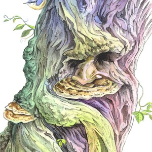 Gnarly Old Chestnut Tree Character Illustration, Print 7 x 5 inches, Fairytale Tree Character, Mystical, Rainbow Colours, Watercolour Tree