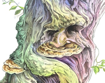 Gnarly Old Chestnut Tree Character Illustration, Print 7 x 5 inches, Fairytale Tree Character, Mystical, Rainbow Colours, Watercolour Tree