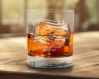 Personalized Whiskey Glass US Flag Gun | Engraved Bourbon Glass Barware | Custom Etched Couples Gift Idea | Locked & Loaded Flag Flowers