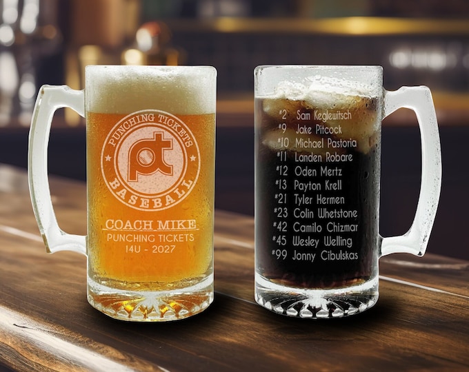 Custom Engraved Coach Glass Beer Mug | Team Mug | Personalized Etched Glass Mug | Baseball Design Team Roster