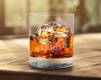 Personalized Tattoo-Style Whiskey Glass | Custom Engraved Barware | Etched Tattoo Design | Add Custom Text | Gift For Couple Set of 2