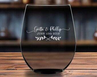 Personalized Wine Glass | Custom Engraved for Couples | 3rd Anniversary Gift Idea | Etched drinking Glass | Toasting Wineglass | Boho Laurel