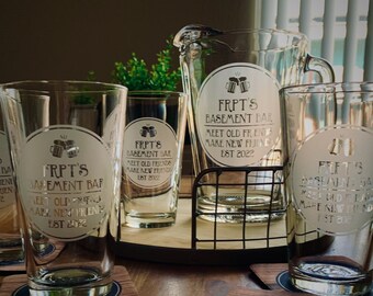 Personalized Beer Pitcher & Pint Glass Set |  Home Bar Custom Design Engraved Gift Essentials | Business Logo, Branding, Sports Team Design