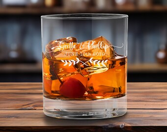Personalized Whiskey Glass | Custom Engraved for Couples | 3rd Anniversary Gift Idea | Etched Bourbon Cocktail Glass | Boho Laurel Wreath