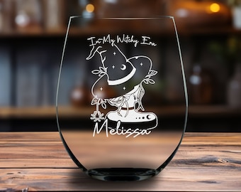 Etched Wine Glass "In My Witchy Era" | Custom Engraved Halloween Drinkware Wiccan Decor | Magical Pagan Design | Personalization Available