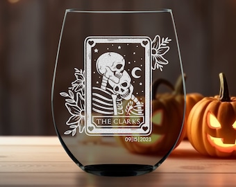 Personalized Engraved Wine Glass | Custom Barware | Etched Wine Glass Gift | Romantic Skeleton Gift Keepsake For Couple | Add Custom Text
