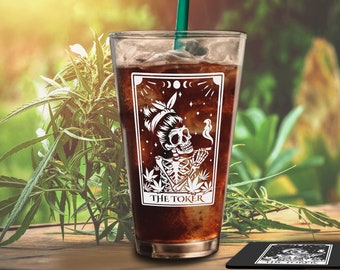 Etched Pint Glass for Toker, Engraved Skeleton Tarot Card Weed Design, Smoker Pothead Drinkware Gift | Add Personalization or Drink Coaster