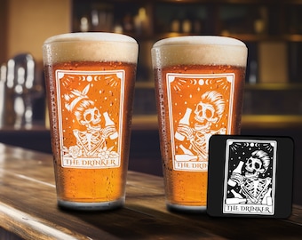 Personalized Gift Etched Glass for Drinker, Engraved Skeleton Tarot Card Design, Beer Pint Drinkware | Add Personalization or Drink Coaster