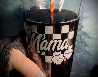 Custom Engraved Pint Glass for Mama or Nana Retro Candy Heart Design Etched Cocktail Glass for New Mom or Grandma Personalized w/ Kids Names