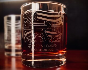 Personalized Whiskey Glass US Flag Gun | Engraved Bourbon Glass | Custom Etched Couples Gift | Locked & Loaded Flag Flower | Set of 2