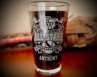 Custom Engraved Baseball Coach Beer Pint Glass | Personalized Etched Team Thank You, Championship Gift | Add Team Logo, Roster, Jersey, Text