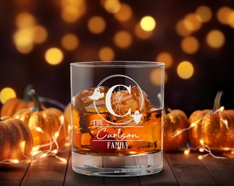Personalized Engraved Whiskey Glass Set | Etched Glass Gift | Custom Drinkware Barware | Spooky Bats Ghost Family Monogram | Add Custom Text
