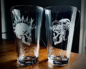 His & Hers Engraved Skeleton Pint Glass Set | Personalized Gift for Couple | Custom Etched Skull Drinkware Halloween Decor | Beer Pint Set