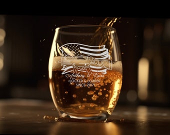 Personalized Wine Glass US Flag Gun Design | Engraved Stemless Glass | Custom Etched Couples Gift | Locked & Loaded Flag Flowers