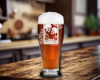 Etched Glass Pilsner Set | Custom Engraved Skeleton Beer Glass | Personalized Barware Gift for Couple | Housewarming Anniversary Wedding