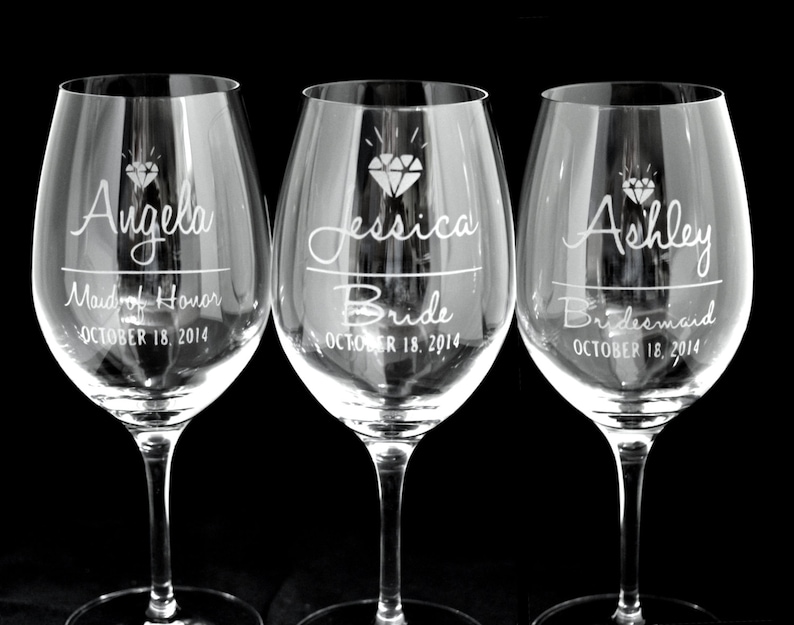 Custom Etched Diamond Design Bridal Party Wine Glasses Gift Etsy