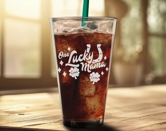 Custom Etched Pint Glass for Mama or Nana | Engraved Cocktail Glass Gift for New Mom or Grandma Personalized w/ Kids Names | One Lucky Mama