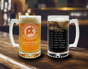 Custom Engraved Beer Mug for Baseball Coach or Team | Personalized Etched Glass End of Season Gift | Add Team Logo, Roster or Jersey Design
