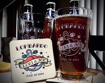 Custom Etched Pint Glass Set Personalized Couples Gift for Anniversary Housewarming Valentines | Old School Tattoo Style Beer Drinking Glass