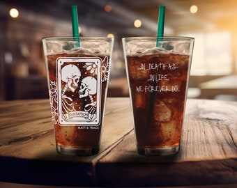 Etched Pint Glass Set | Custom Engraved Beer Glasses | Skeleton Gift For Couple | Personalized Barware for Housewarming Anniversary Wedding