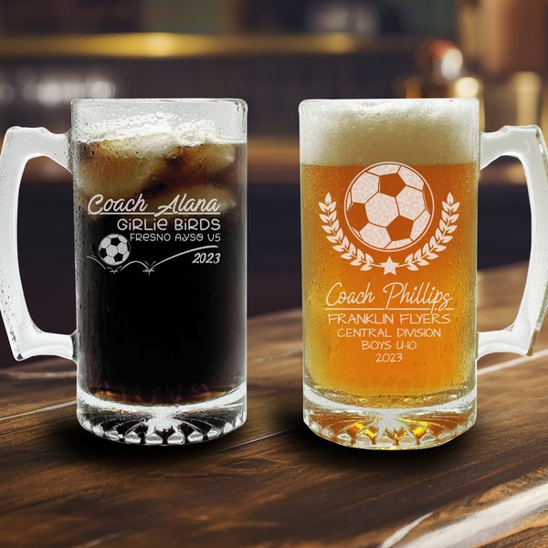 Custom Engraved Glass Beer Mug Soccer Coach Gift | Personalized Etched Team Thank You Present | Add Roster, Lineup or Jersey Design | 25oz