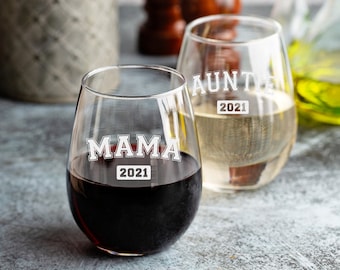 Custom Engraved Stemless Wine Glass for Mom or Grandma | Etched Wine Glass Gift | College University Mama Style Design with Year