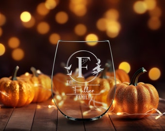 Personalized Engraved Wine Glass | Etched Glass Gift | Custom Etched Drinkware Barware | Spooky Bats Ghost Family Monogram | Add Custom Text