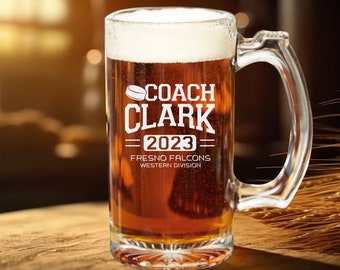 Custom Engraved Hockey Coach Beer Mug | Personalized End of Season Gift | Add Team Logo, Roster or Jersey Design | Ice Hockey / Field Hockey