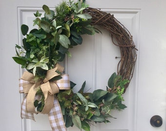 Year Round Rustic Farmhouse Wreath, Spring Door Wreath, Eucalyptus Wreath, Summer Wreath, All Occasion Wreath, Fixer Upper Wreath