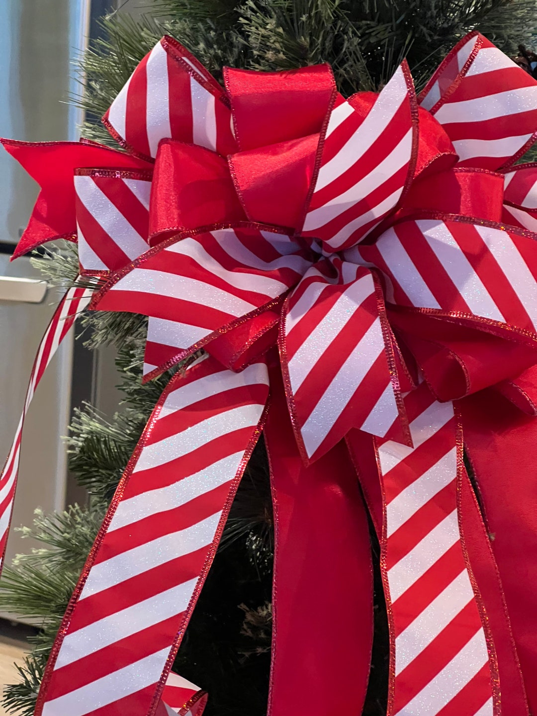Red and White Christmas Tree Topper, Candy Cane Christmas Bow ...