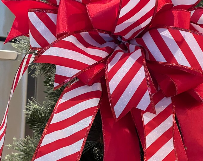 Red and White Christmas Tree Topper, Candy Cane Christmas Bow ...