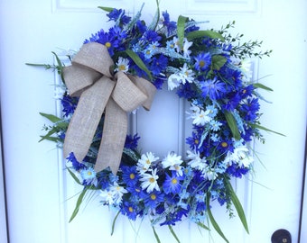 Wildflower Spring Wreath, Blue Daisy Wreath, Front Door Wreath, Summer Wreath with Wildflowers, Mother’s Day Wreath