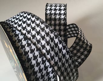 Black and White Hounds Tooth Ribbon, 5 yd Black Hounds Tooth Floral Ribbon for Gift Wrapping, Wired Ribbon for Crafts, Wreath and Florals