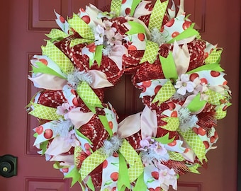 Spring Wreath with cherries, Red Cherry Wreath for Summer Front Door Wreath, Cherry Blossom Wreath, Mother's Day Gift for Mom