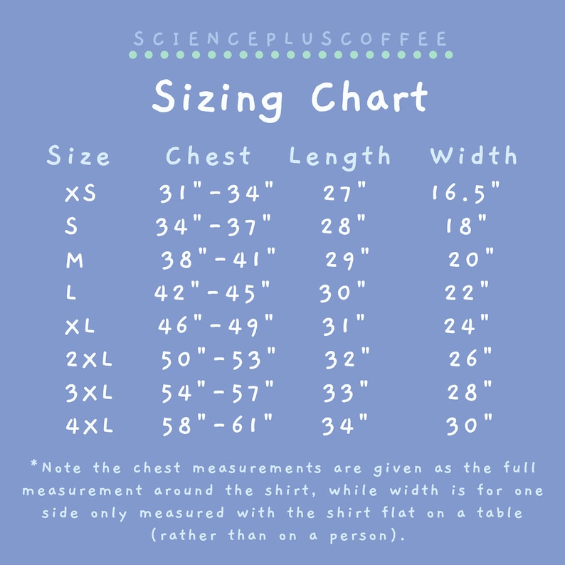 May include: A blue and white sizing chart for a shirt, showing chest, length, and width measurements in inches for sizes XS to 4XL.