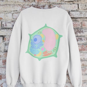 Puede incluir: Una sudadera blanca con una ilustraci&oacute;n de una c&eacute;lula vegetal verde en la espalda. La c&eacute;lula est&aacute; llena de detalles coloridos, incluyendo un n&uacute;cleo, cloroplastos y vacuolas.